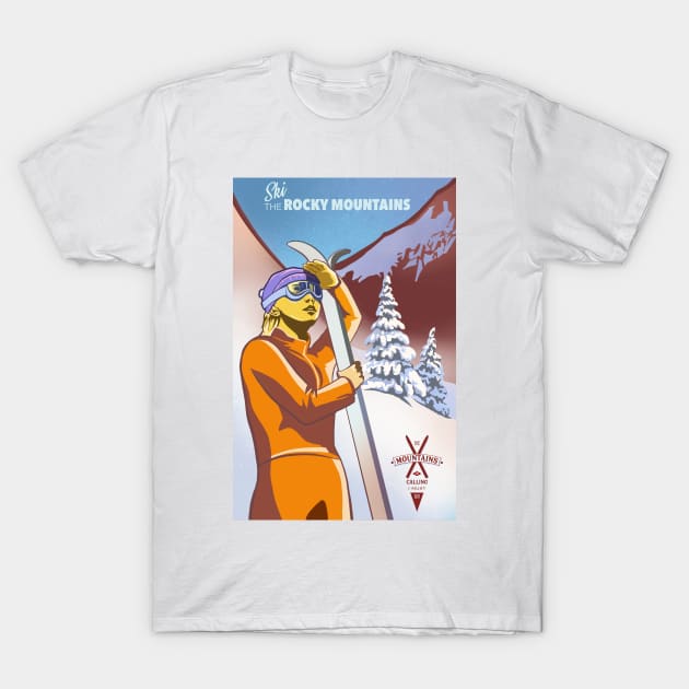 Retro Ski Poster Ski the Rocky Mountains T-Shirt by SFDesignstudio